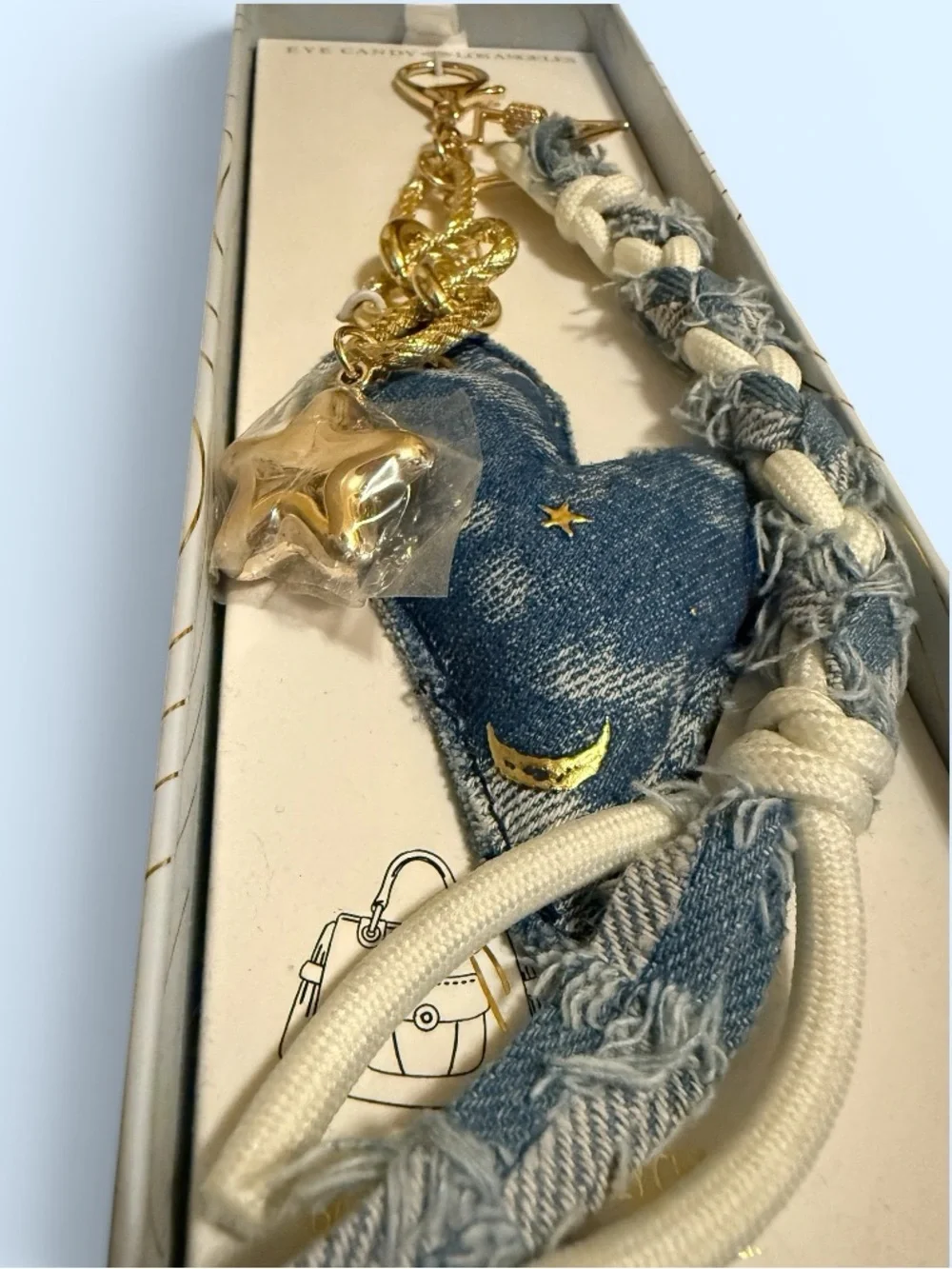 Eye Candy Blue Denim Heart Keychain/Bag Charm with Gold Star Accents NWT